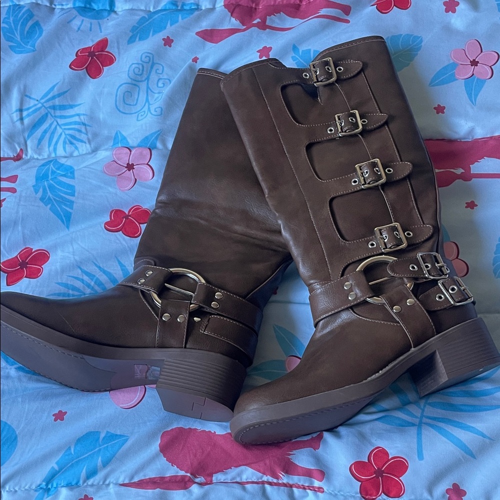 Princess Polly Brown Heeled Boots with Buckles